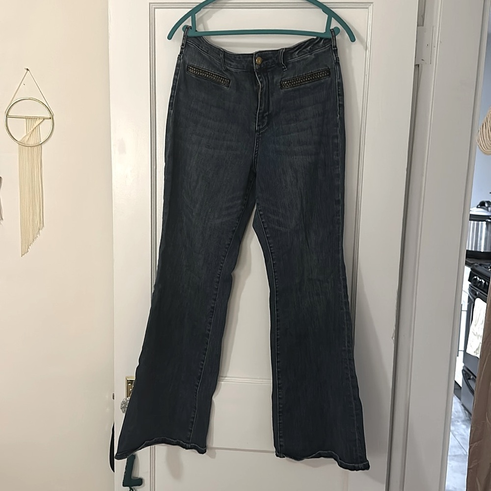 Pilcro brand boot cut jeans from Anthro with leather detail